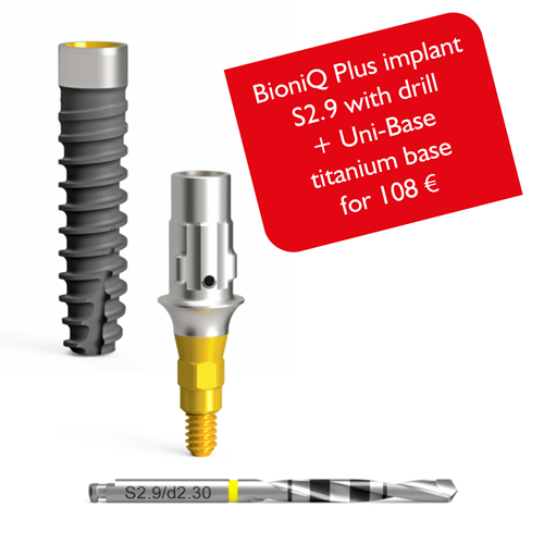 Implantat BioniQ Plus S2.9 mit Bohrer + Titanbase Uni-Base - Implantatlänge: L10