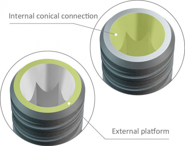 Dual-function connection offers internal conical connection for single tooth restorations as well as external platform for bridge restorations (e.g. LASAK CadCam bridges).
